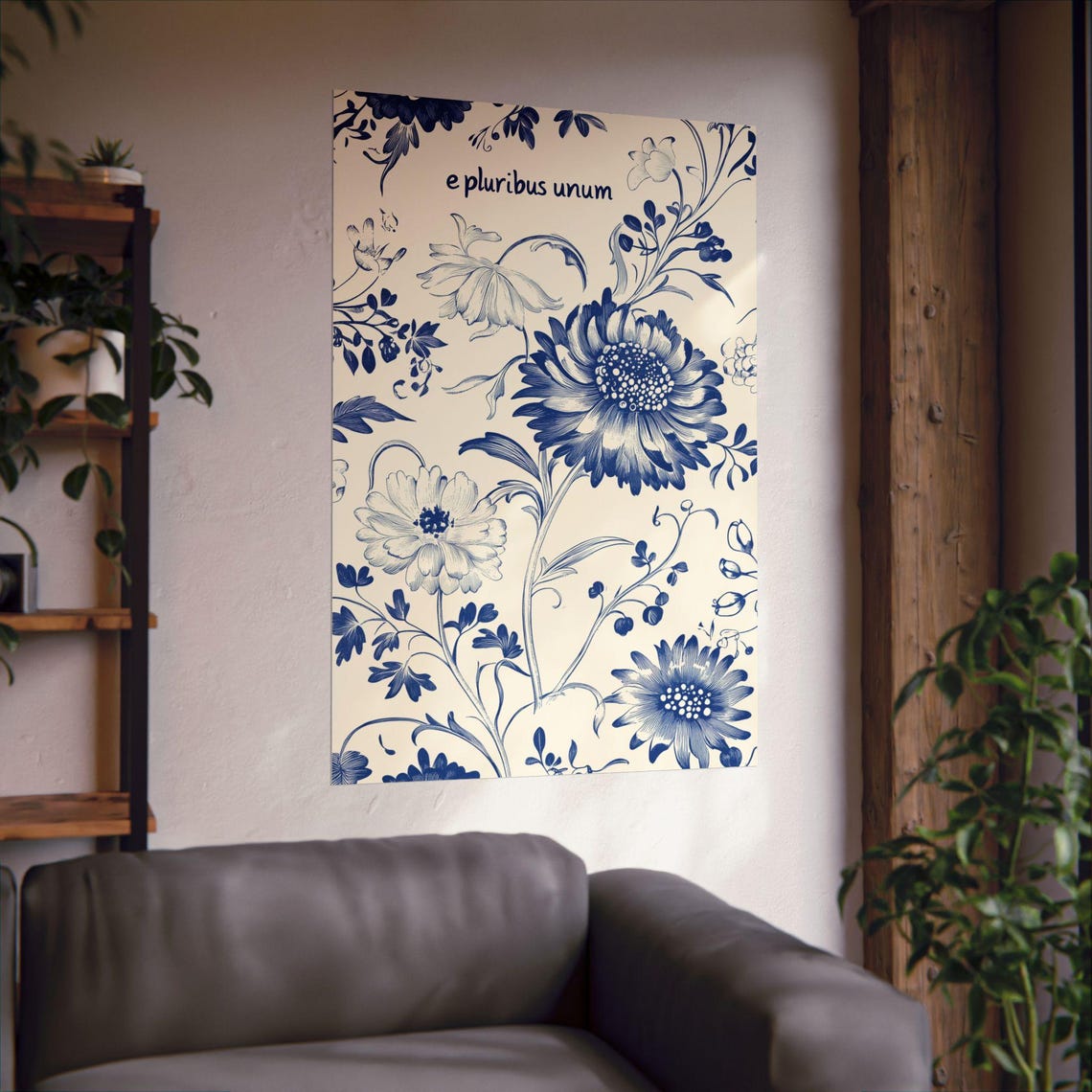 Elegant E Pluribus Unum Blue White Floral Botanical Unity Poster - Image 2