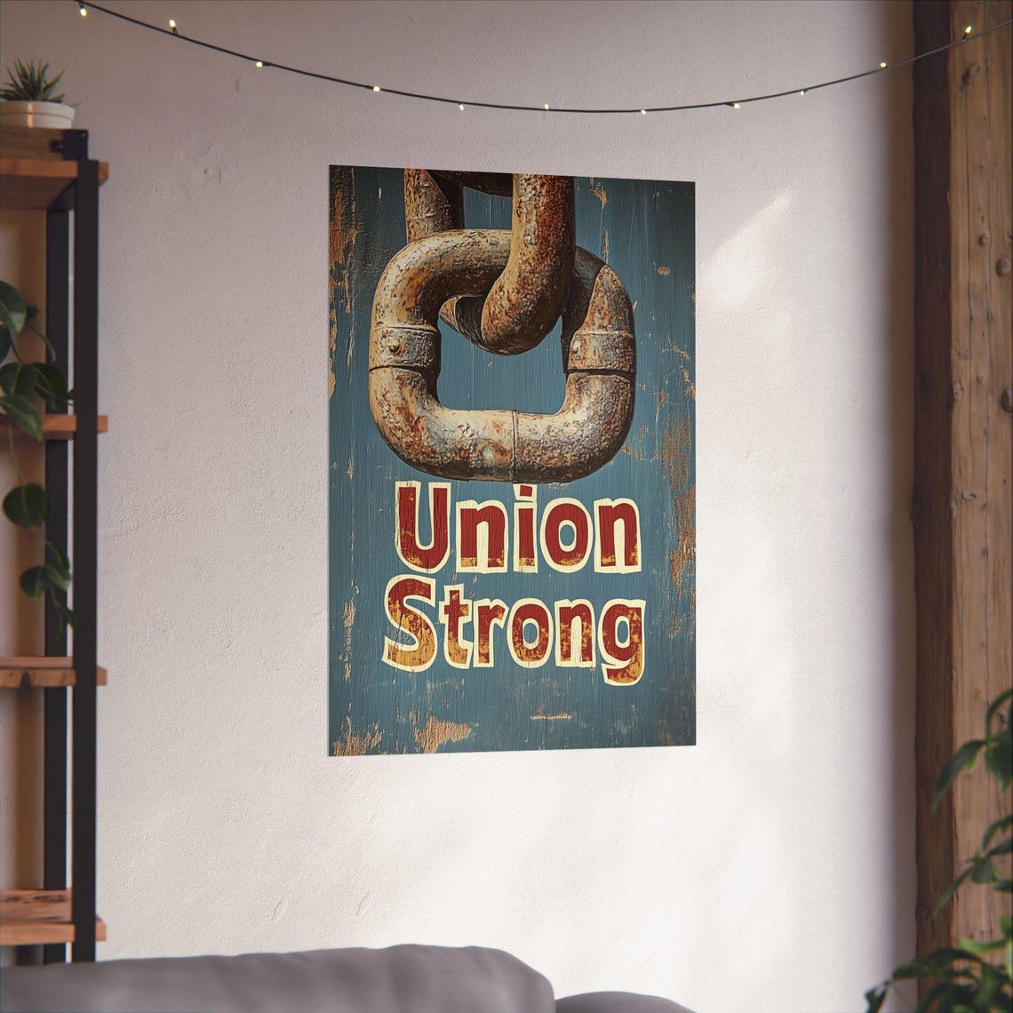 Union Strong Rusty Chain Vintage Wood Blue Labor Pride Poster - Image 3