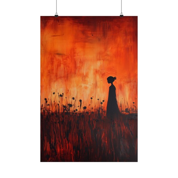 Woman Silhouette Wildflower Field Burning Orange Sunset Painting Poster