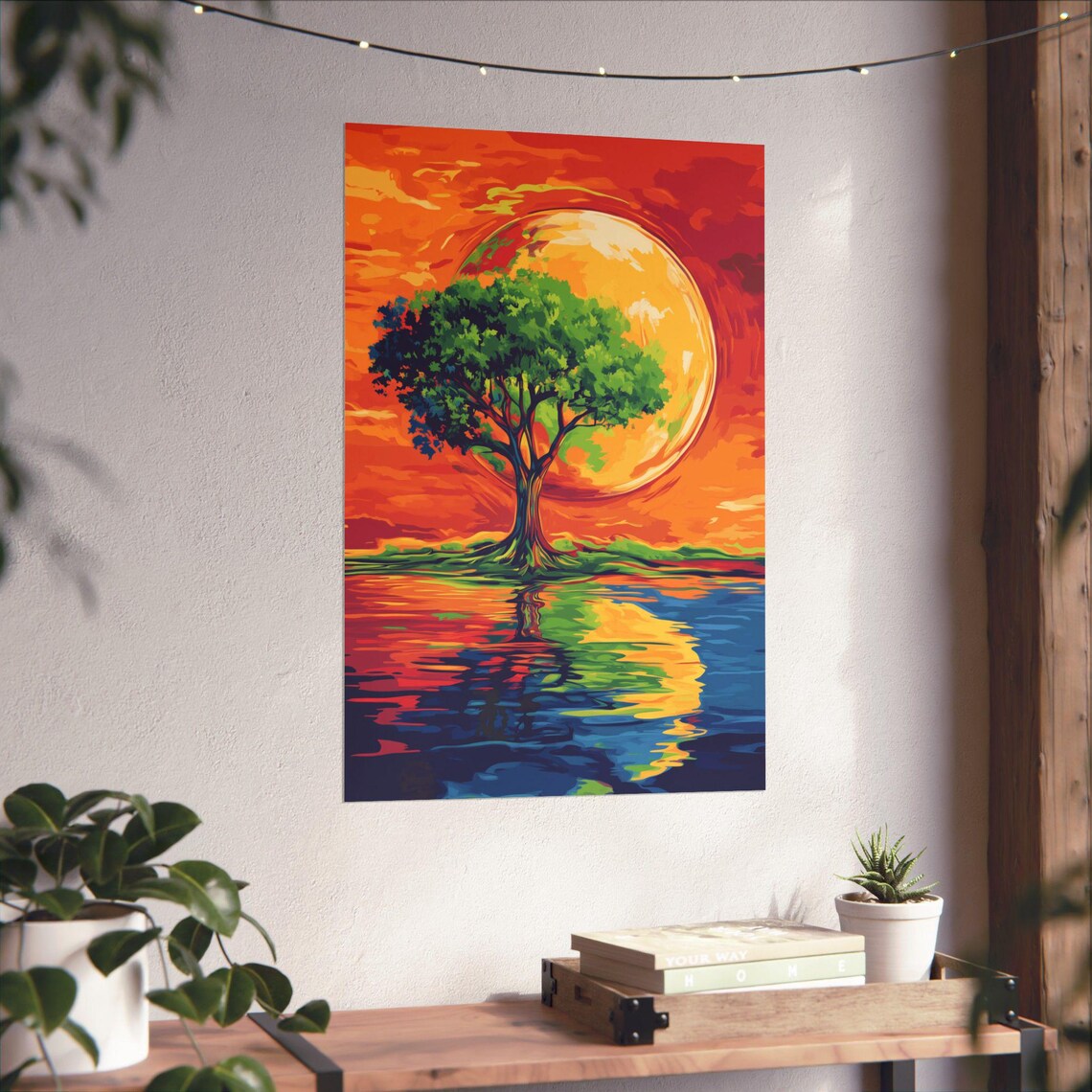 Sunset Tree By The Water Colorful Reflecting Lake Nature Art Poster - Image 4