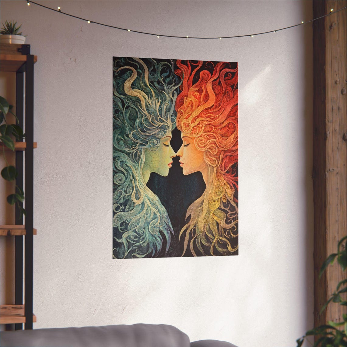 Ice And Fire Dual Faces Portrait Blue Ice Woman Red Flame Poster - Image 3