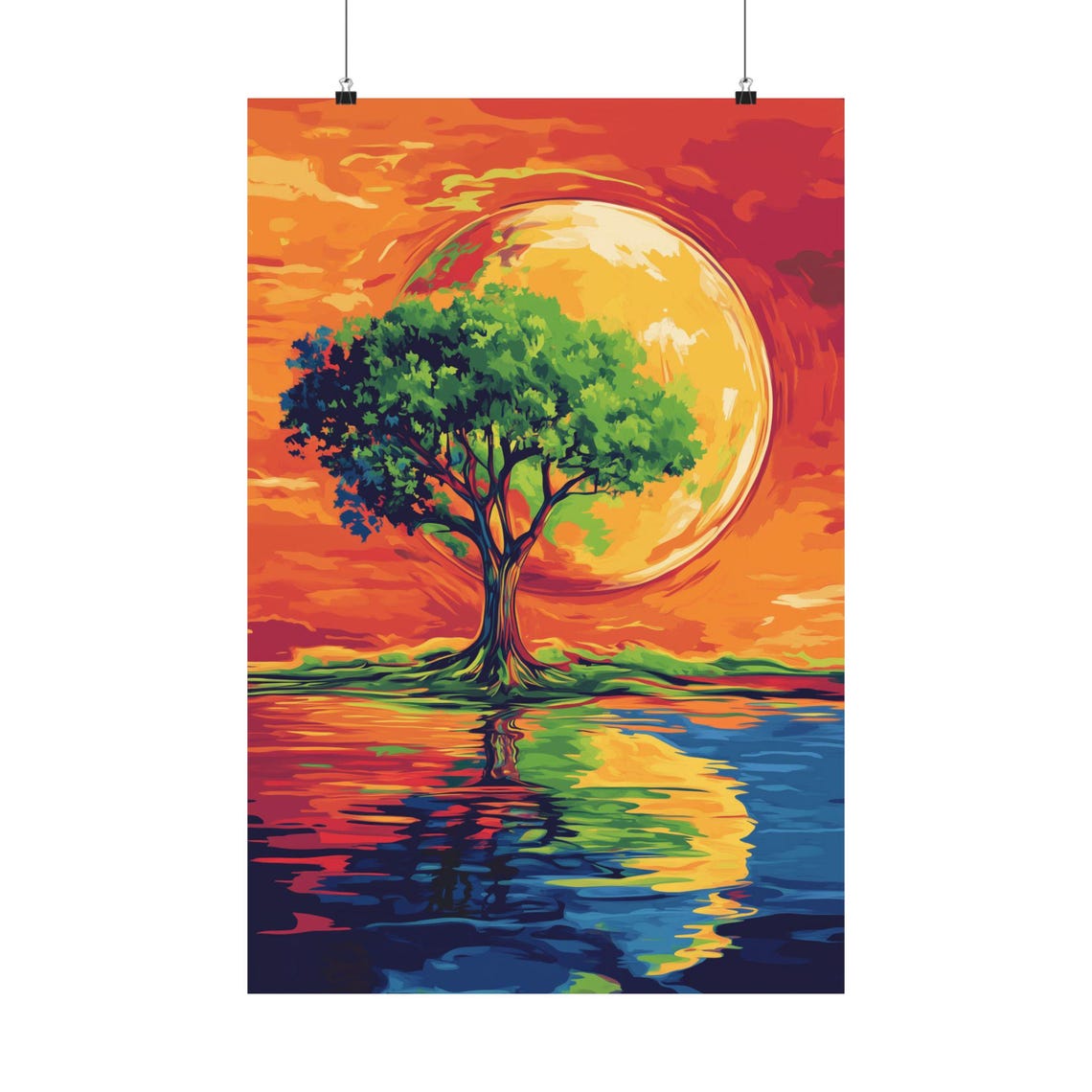 Sunset Tree By The Water Colorful Reflecting Lake Nature Art Poster