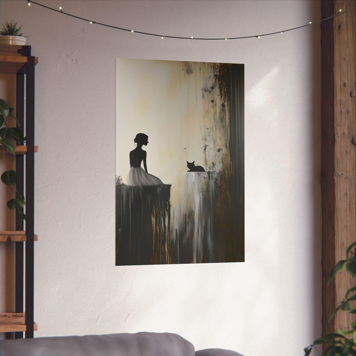 Woman Black Cat Silhouette Abstract Beige Minimal Art Poster - Image 3