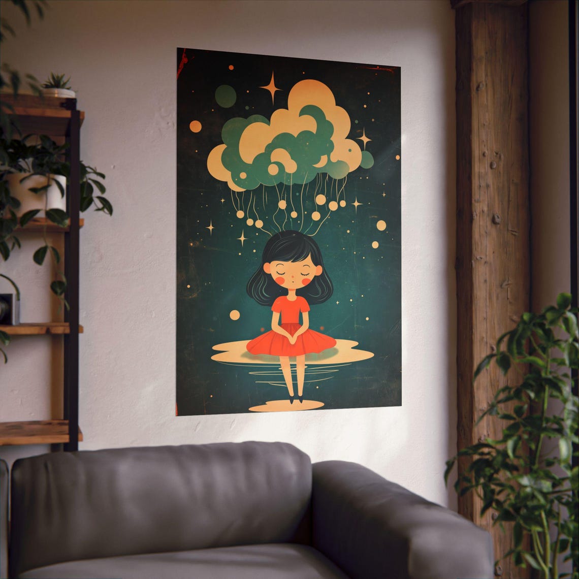 Dreamy Night Sky Girl Starry Cloud Vintage Whimsy Kids Art Poster - Image 2