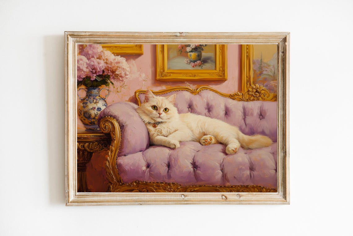 White Cat Lounging on a Purple Sofa with Hydrangeas Painting Wall Art
