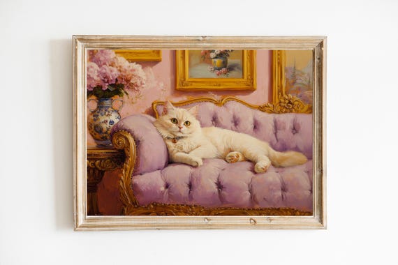Fancy White Cat With Pink Hydrangeas Art Print Cute Quirky Whimsical Cocktail Bar Cart Decor Fine Gift