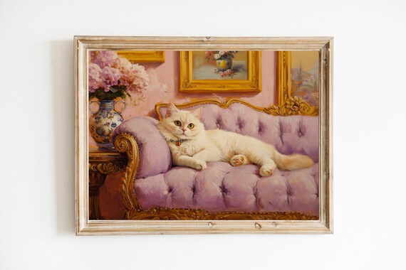 White Cat Lounging on a Purple Sofa with Hydrangeas Painting Wall Art