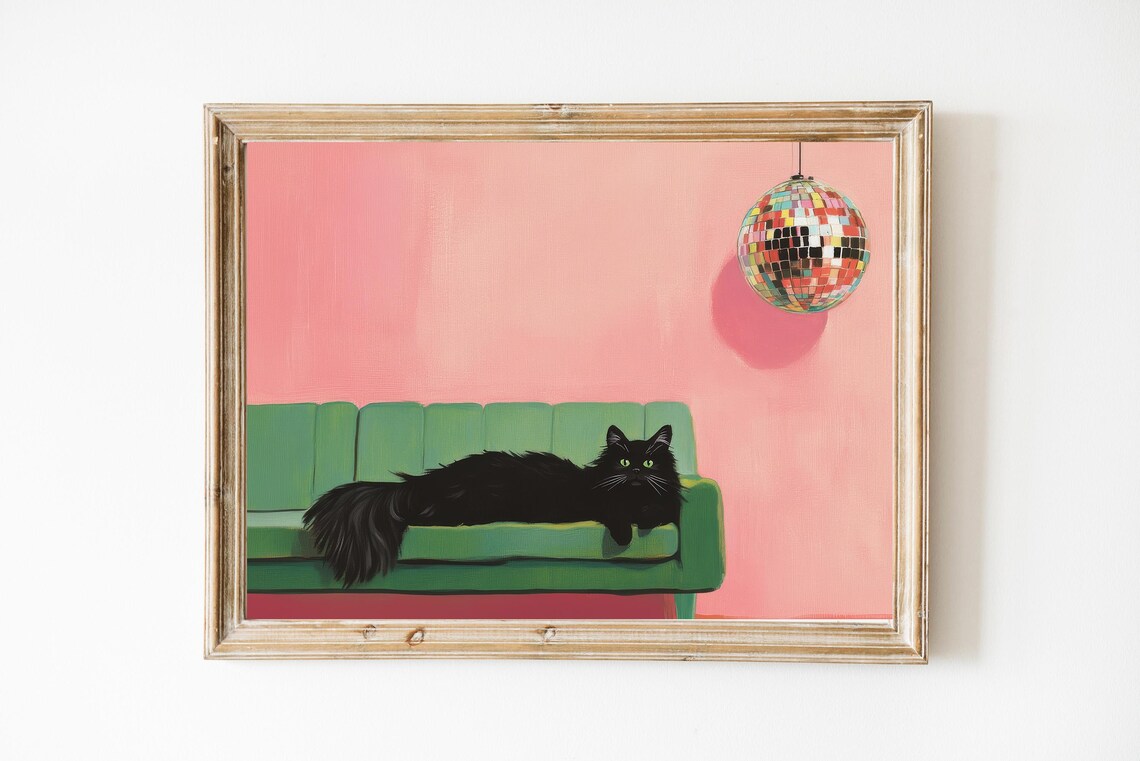 Black Cat Disco Ball Quirky Retro Pet Portrait Art Print for Fun Playful Spaces