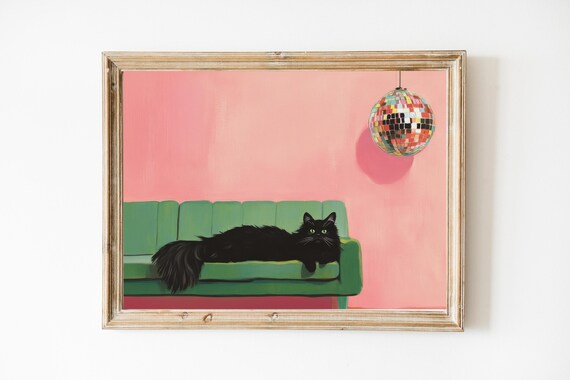 Black Cat Disco Ball Quirky Retro Pet Portrait Art Print for Fun Playful Spaces