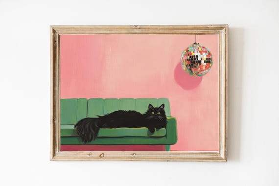 Black Cat With Disco Ball Art Print Cute Quirky Whimsical Cocktail Bar Cart Decor Fine Gift Trendy Home Wall