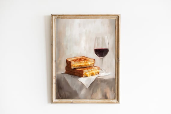 Golden Grilled Cheese Sandwich Stack and Red Wine Painting Poster