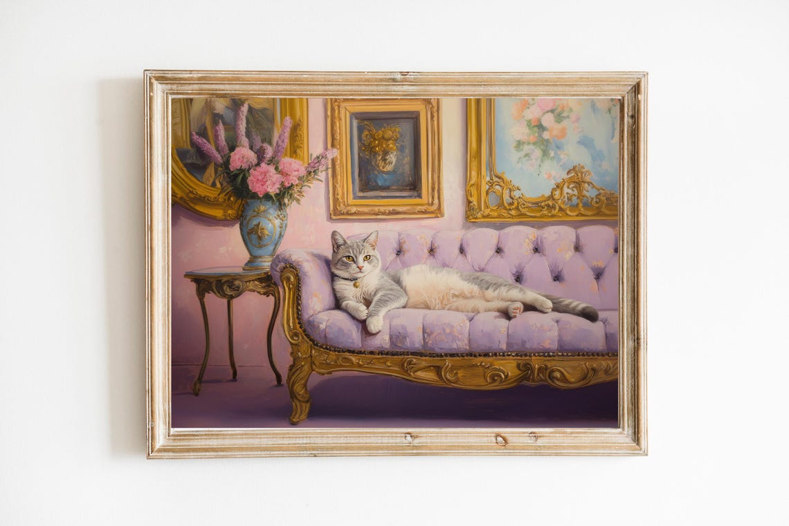 Gray Tabby Cat Relaxing On Victorian Gold Sofa Funny Art Poster