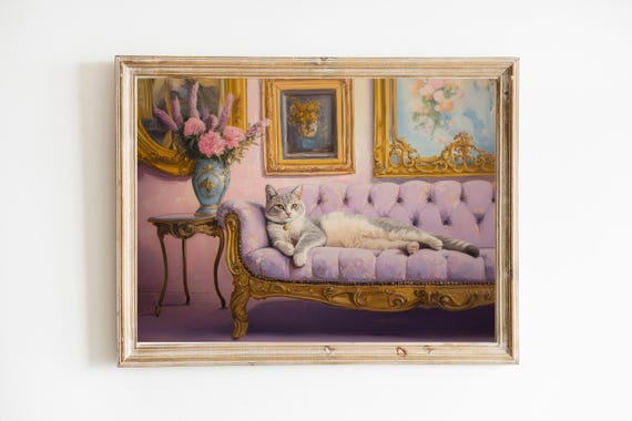 Gray Tabby Cat On Victorian Gold Sofa Art Print Cute Quirky Whimsical Cocktail Bar Cart Decor Fine Gift Trendy Home