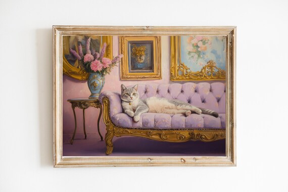 Gray Tabby Cat Relaxing On Victorian Gold Sofa Funny Art Poster