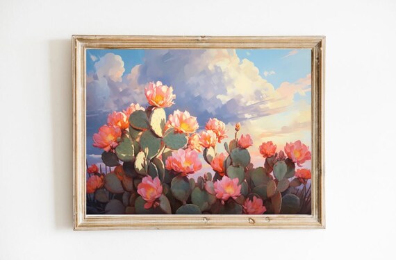Blooming Prickly Pear Cactus Pink Sunset Flowers Oil Painting Poster