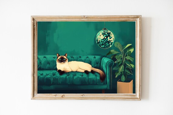 Quirky Siamese Cat Lounging Emerald Sofa Disco Ball Art Poster