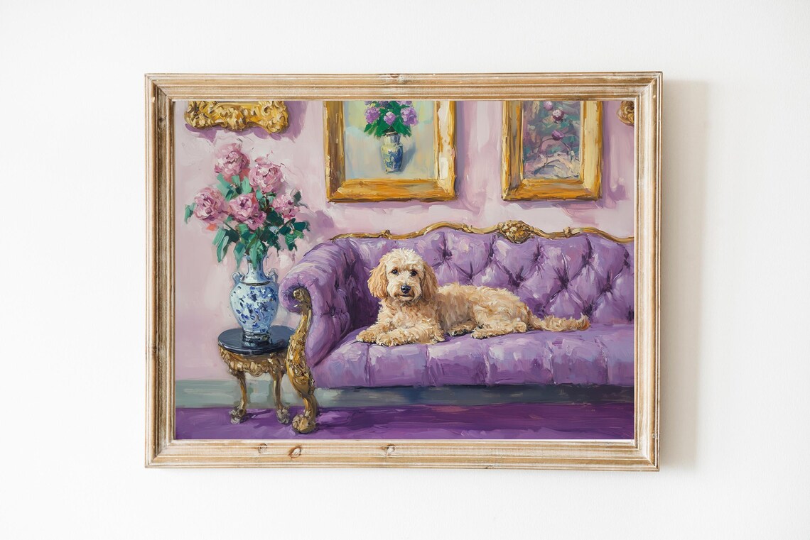 Goldendoodle Lounging on Purple Sofa Floral Room Painting Art Poster