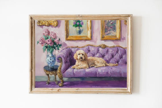 Goldendoodle Lounging On Purple Sofa Golden Doodle Art Print Wall Gift Cute Quirky Whimsical