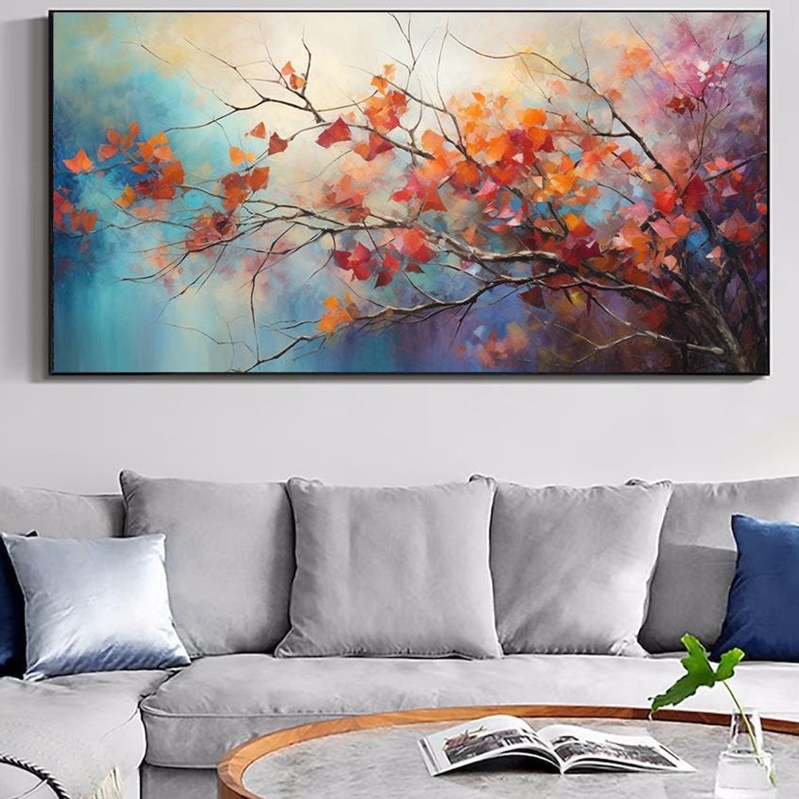 Autumn Branch Red Leaves Blue Teal Horizontal Tree Painting Poster