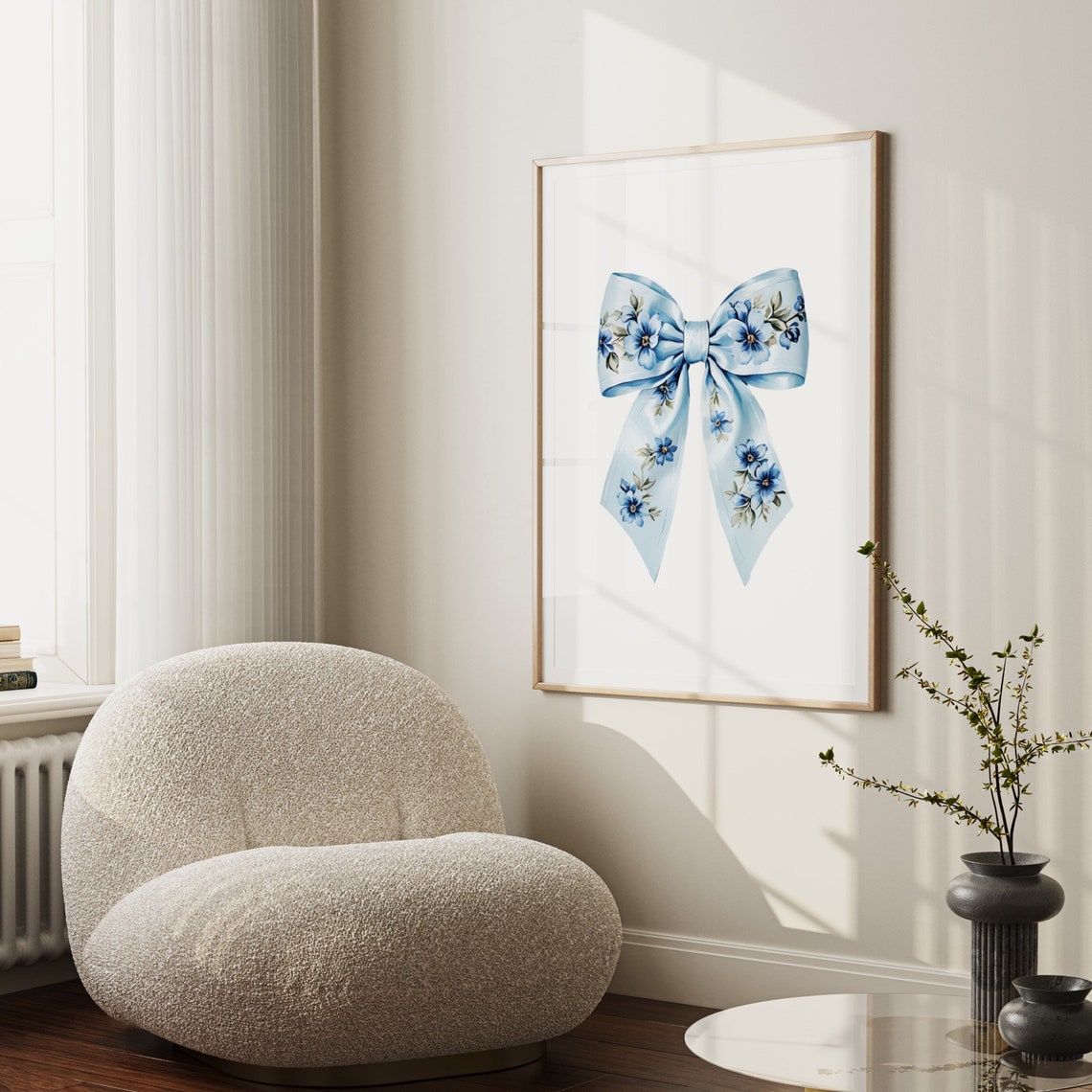 Blue Bow Print Floral Chinoiserie Nursery Print Coquette Room Decor Grandmillenial Wall Art Coastal Grandma Painting Teen Girl Poster - Image 2