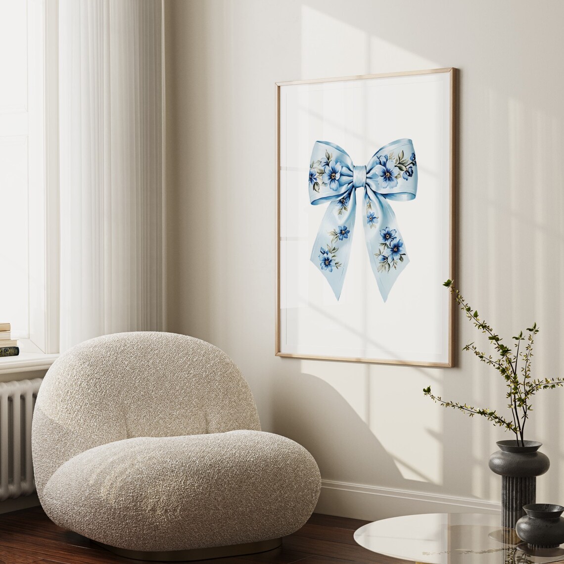 Blue Floral Chinoiserie Bow Watercolor Classic Nursery Girls Wall Art - Image 2