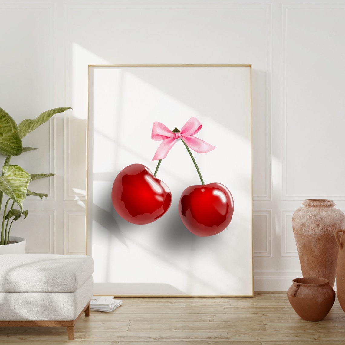 Red Cherries Pink Bow Coquette Glossy Fruit Poster Fun Home Decor