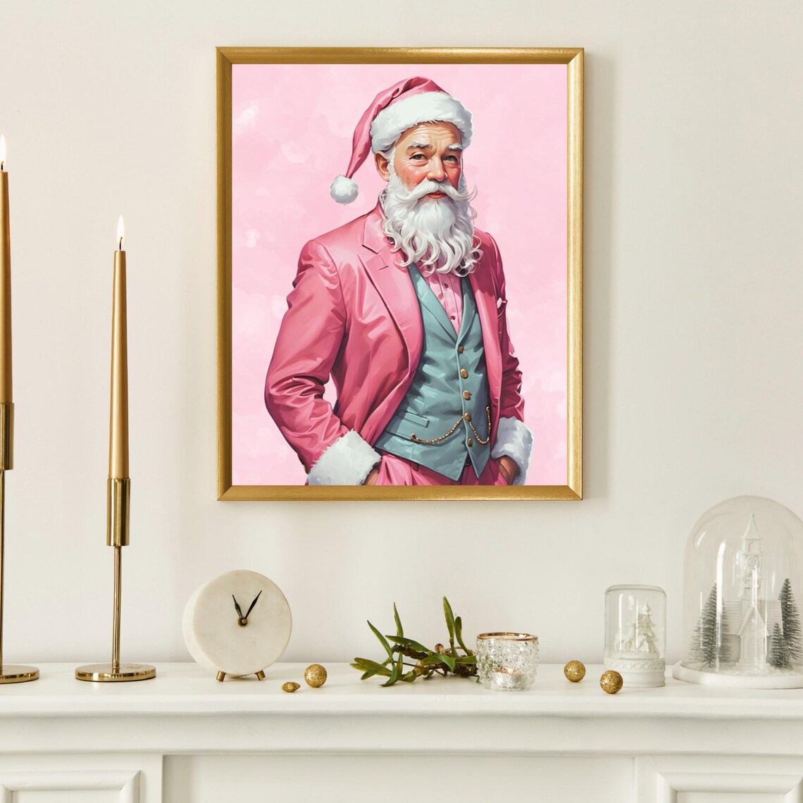 Pink Santa Claus Portrait, Shabby Chic Christmas Art Print - Image 5
