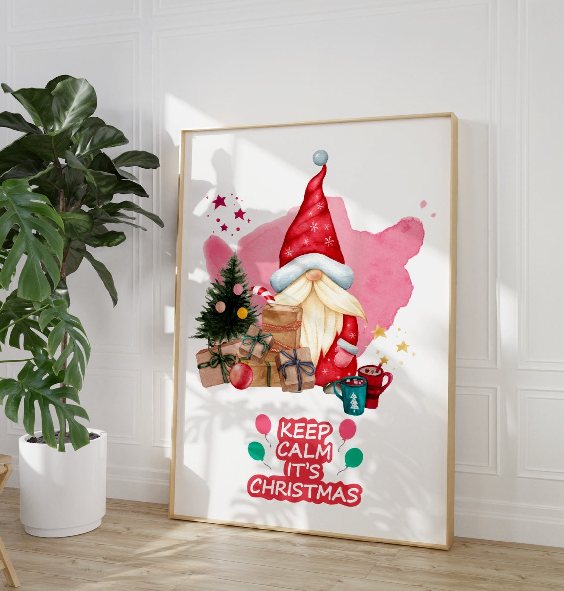 Keep Calm Its Christmas Watercolor Gnome Festive Holiday Poster - Image 3