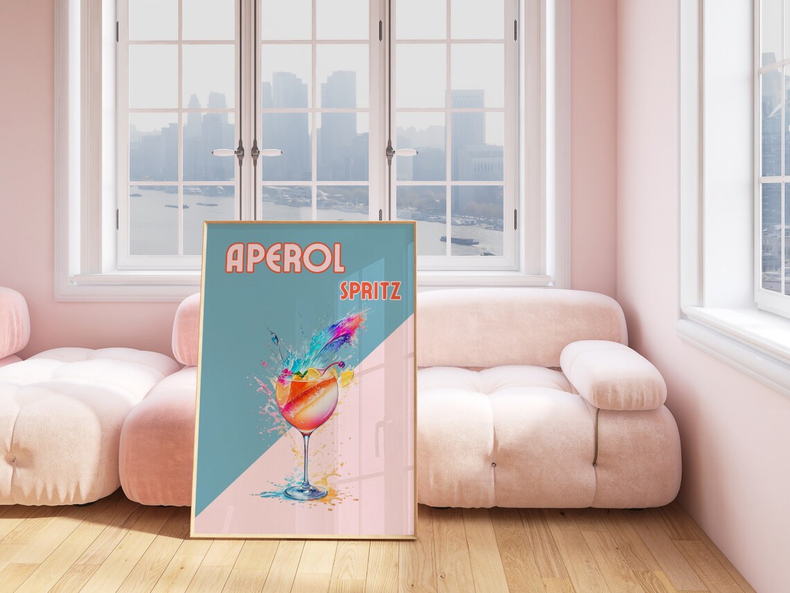 Aperol Spritz Retro Cocktail Poster Vintage Bar Pink Blue Splash Art