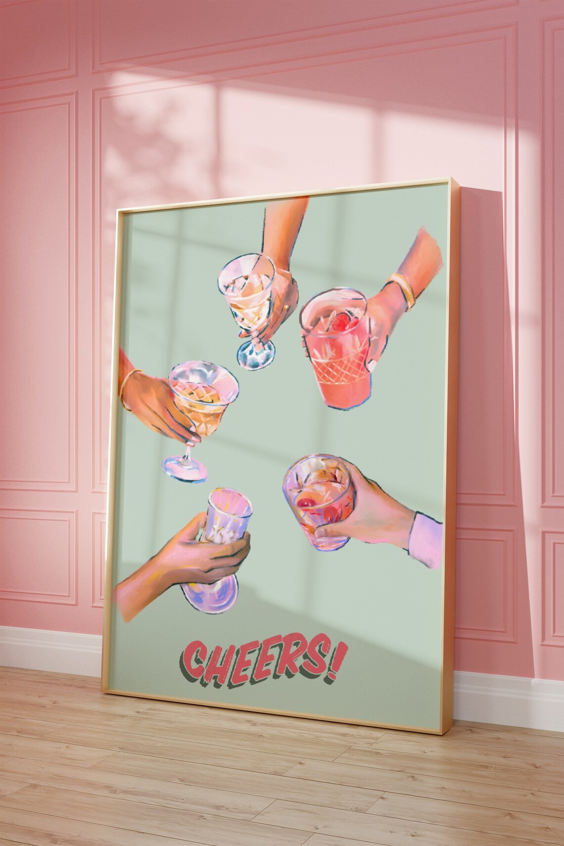 Cheers Cocktail Party Retro Poster Sage Green Funky Bar Cart Decor - Image 2