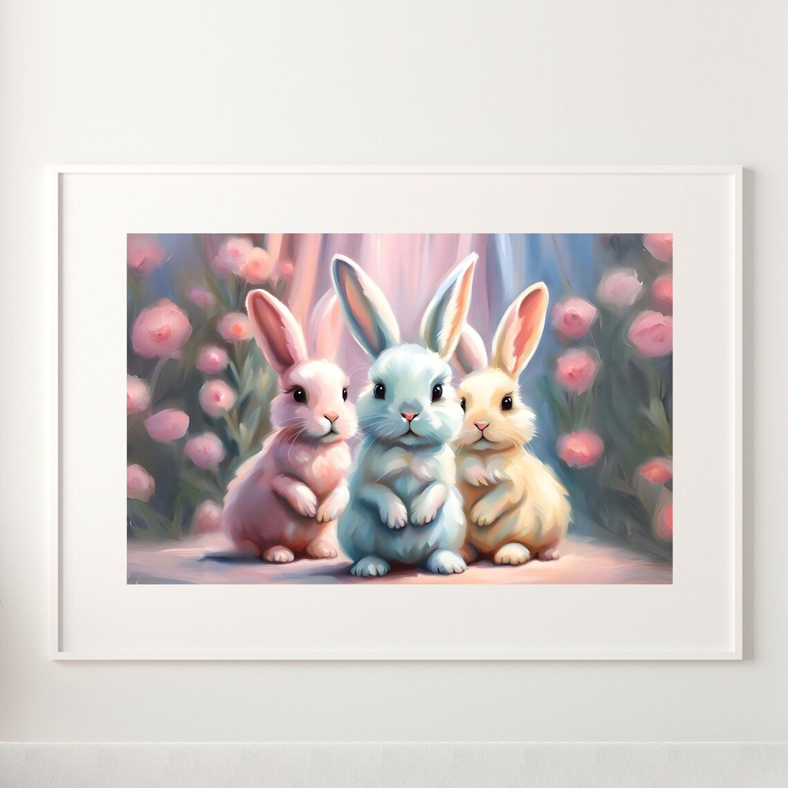 Pastel Bunnies Trio Cute Nursery Rabbit Flower Poster Playful Room Decor - Image 3