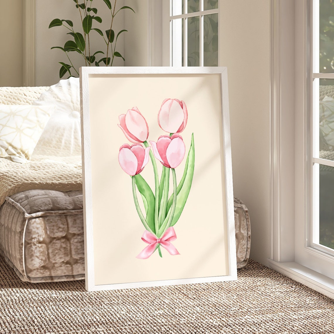 Pink Tulip Bouquet Watercolor Poster Bow Ribbon Spring Floral Art - Image 2