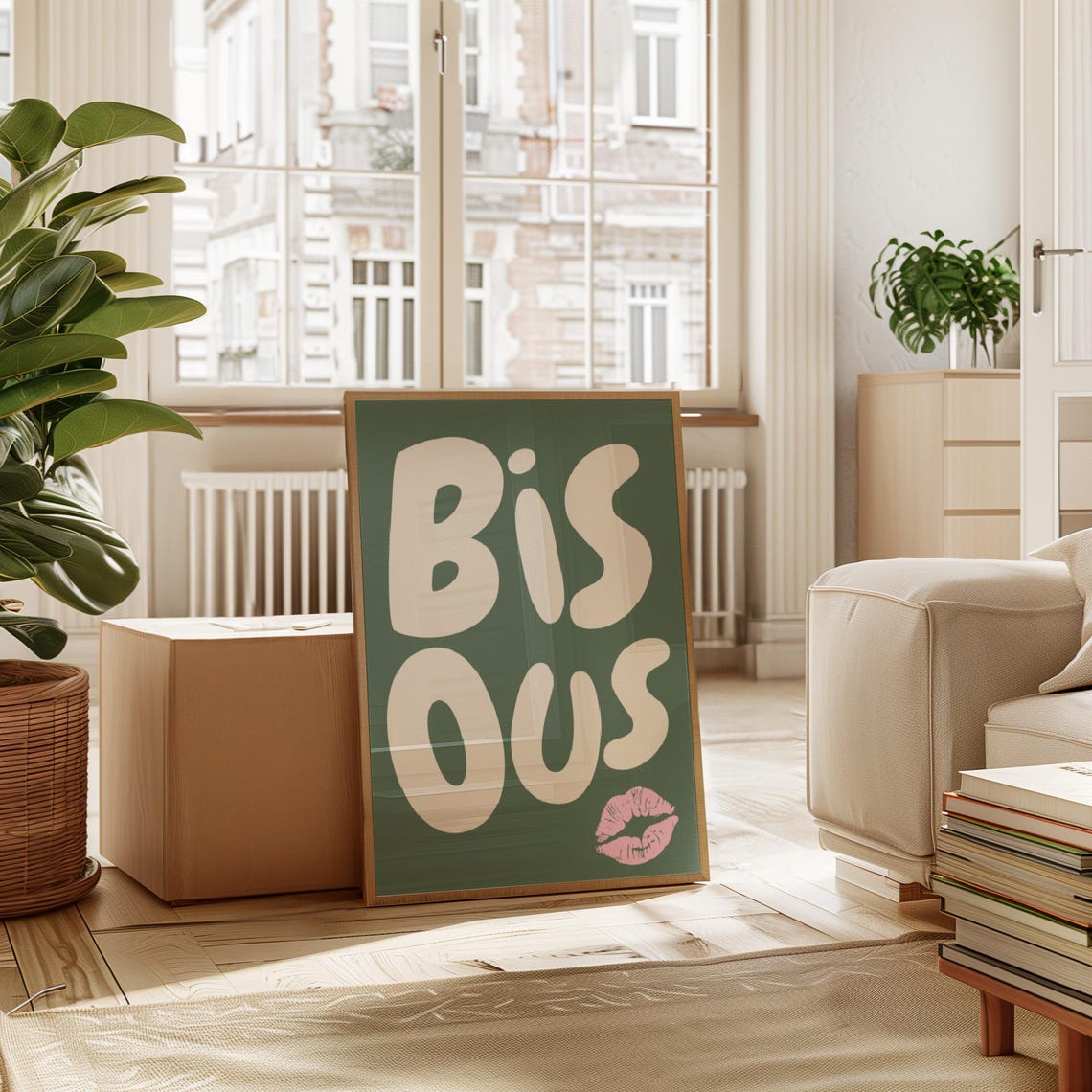 Bisous Cream Bubble Lettering Sage Green Pink Kiss Mark Poster - Image 4