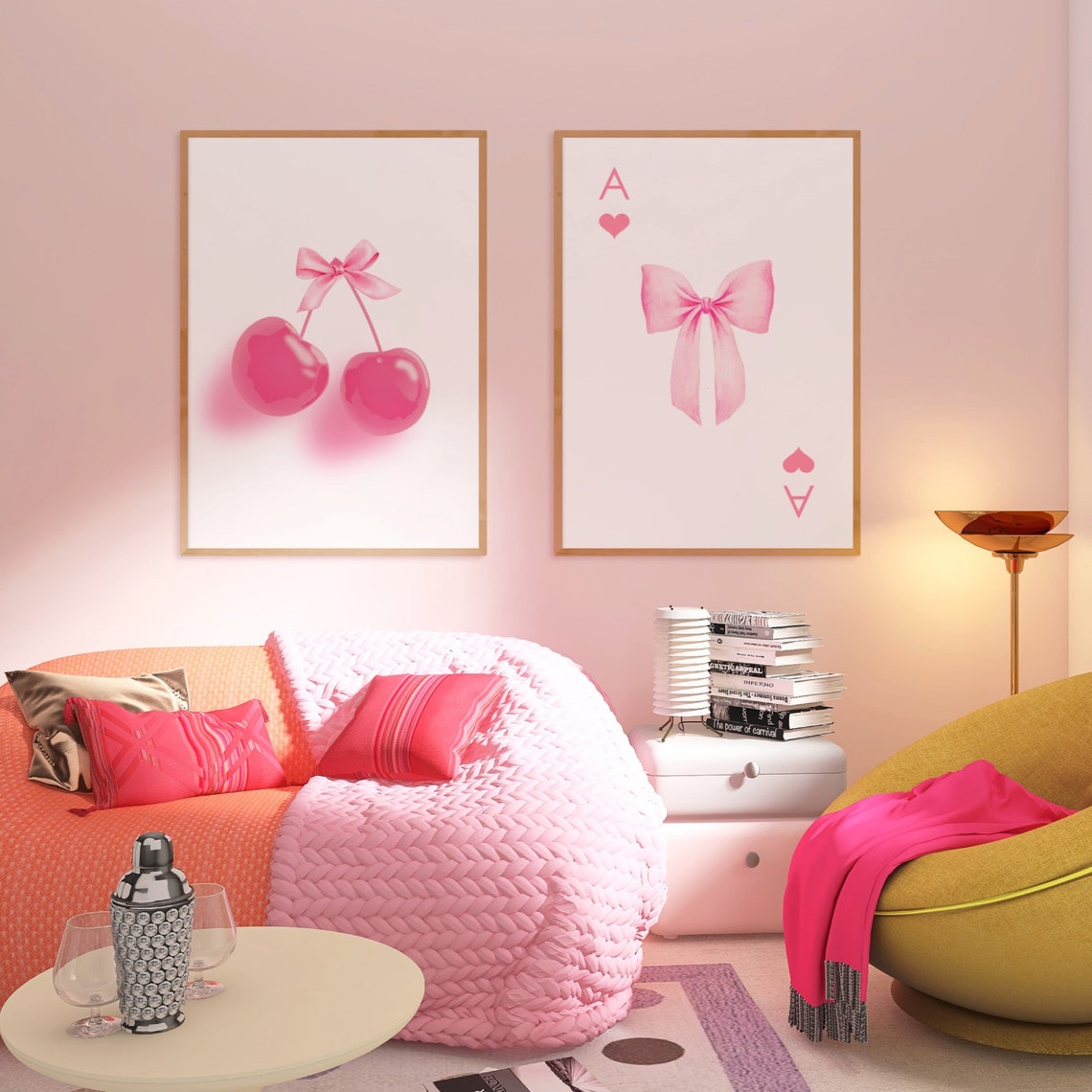Pink Cherries With Ribbon Bow Coquette Girly Fruit Art Poster - Image 2