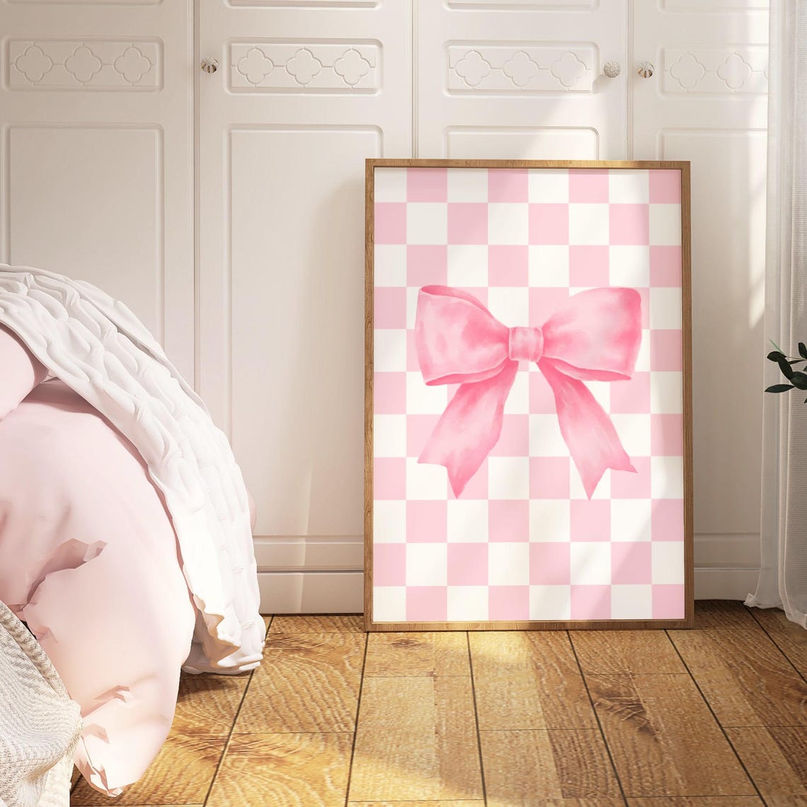 Pink Bow Watercolor Checkerboard Sweet Girly Coquette Decor Poster - Image 3