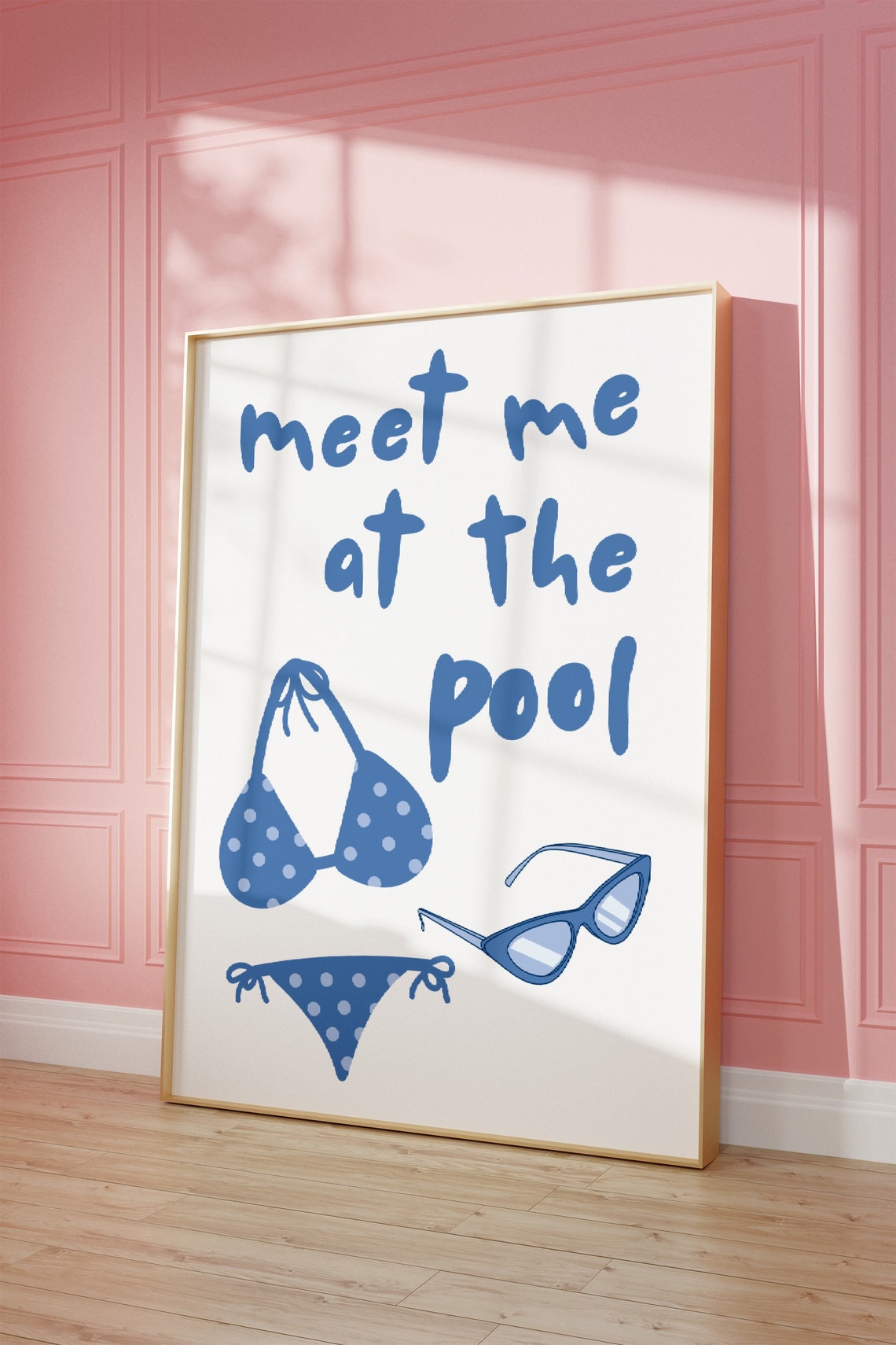 Meet Me at the Pool Blue Bikini Sunglasses Beach House Summer Poster - Image 2