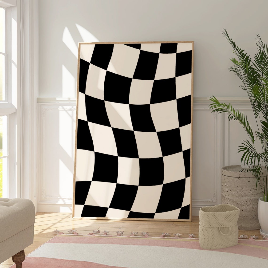 Black White Checkerboard Wavy Check Retro Funky Modern Poster