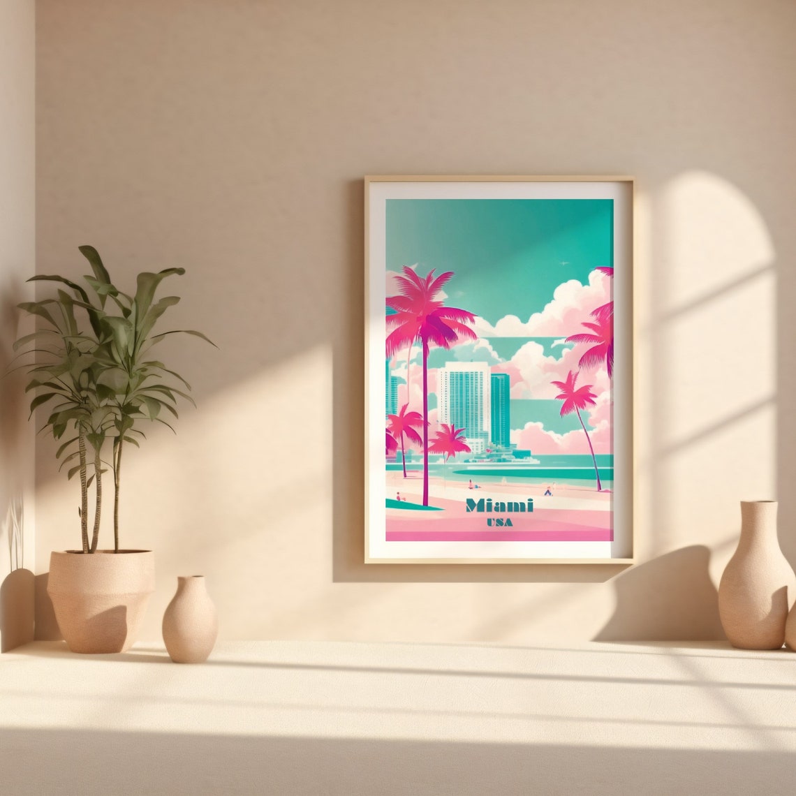 Miami City Travel Print Art Pink Blue Miami Travel Exhibition Print Trendy Wall Print Miami Poster Travel Posters Usa - Image 2