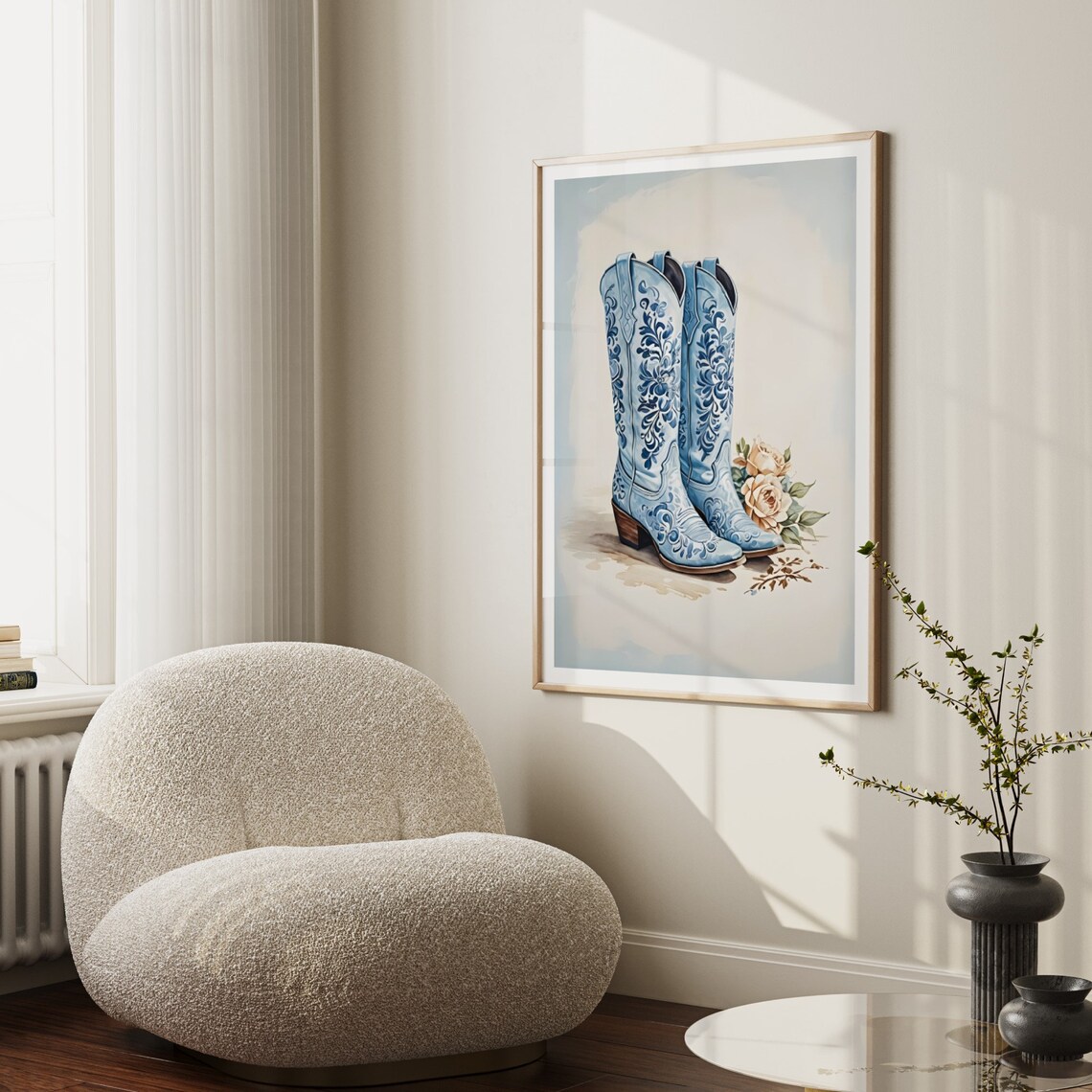 Light Blue Floral Cowgirl Boots with Peach Roses Western Decor Poster - Image 2