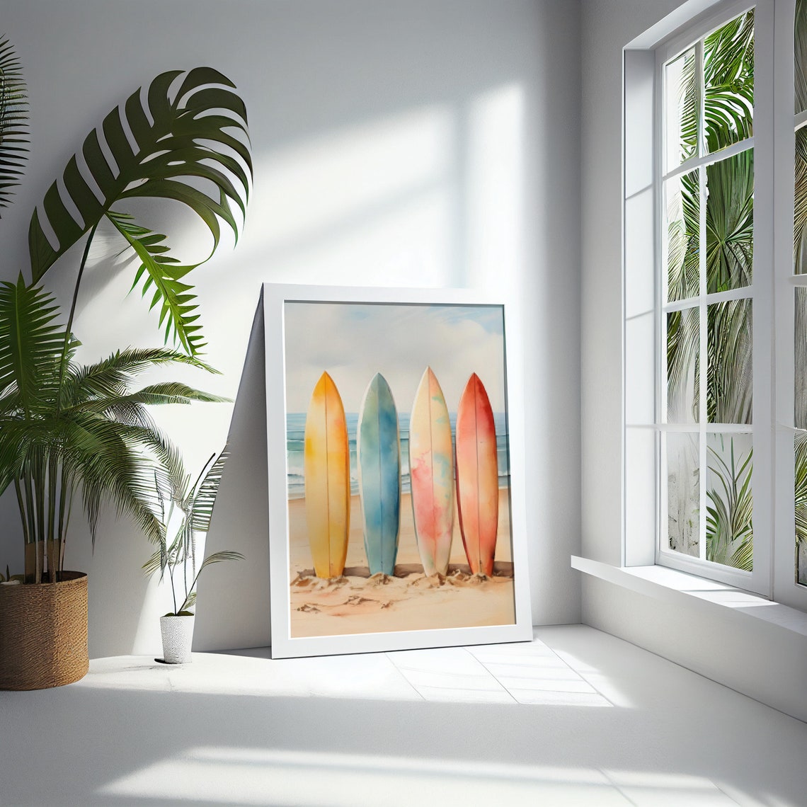 Four Colorful Surfboards Watercolor Beach Scene Surf Art Poster - Image 3