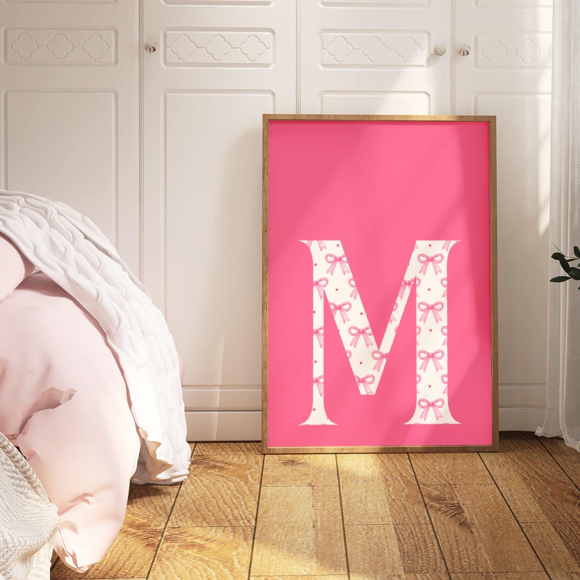 Letter M Initial White Pink Bow Pattern Sweet Monogram Poster - Image 2