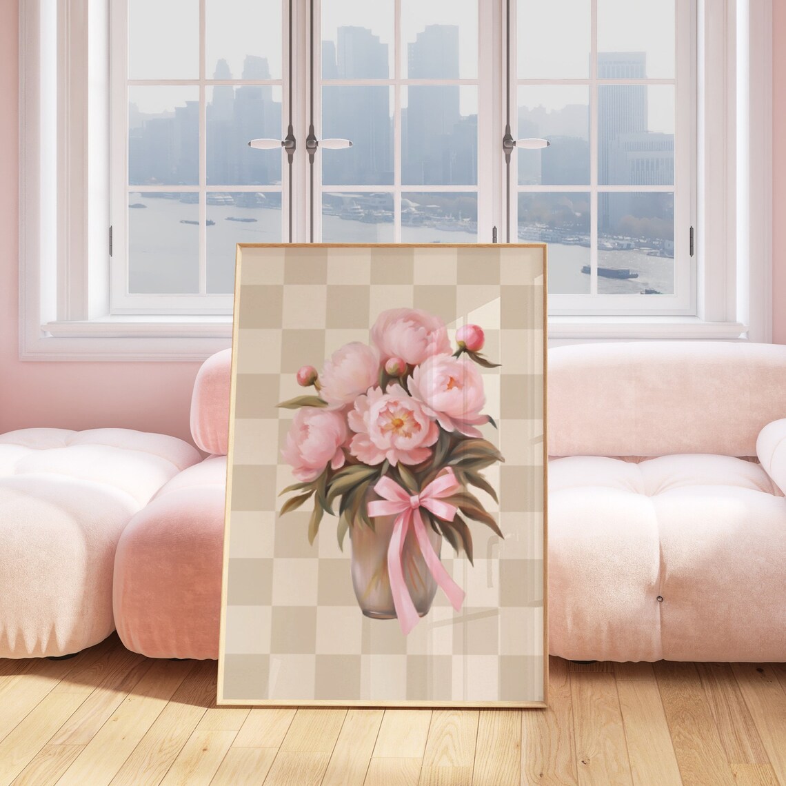 Bouquet Of Flowers Print Checkered Wall Art Peonies Floral Art Girls Bedroom Checker Wall Art Flower Art Beige Checker Art - Image 4