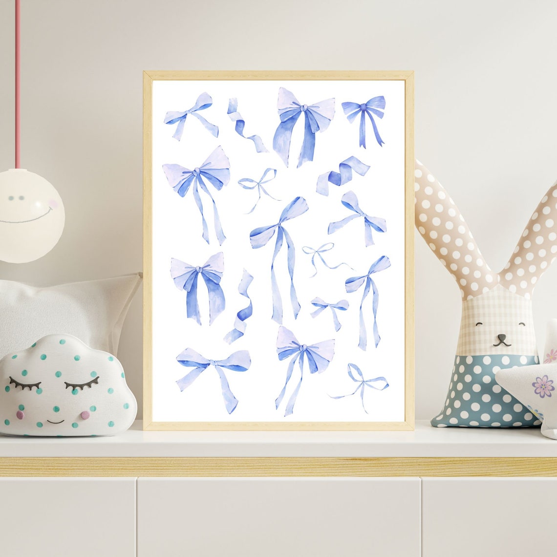 Blue Bow Collage Watercolor Poster Coquette Ribbon Preppy Decor Art