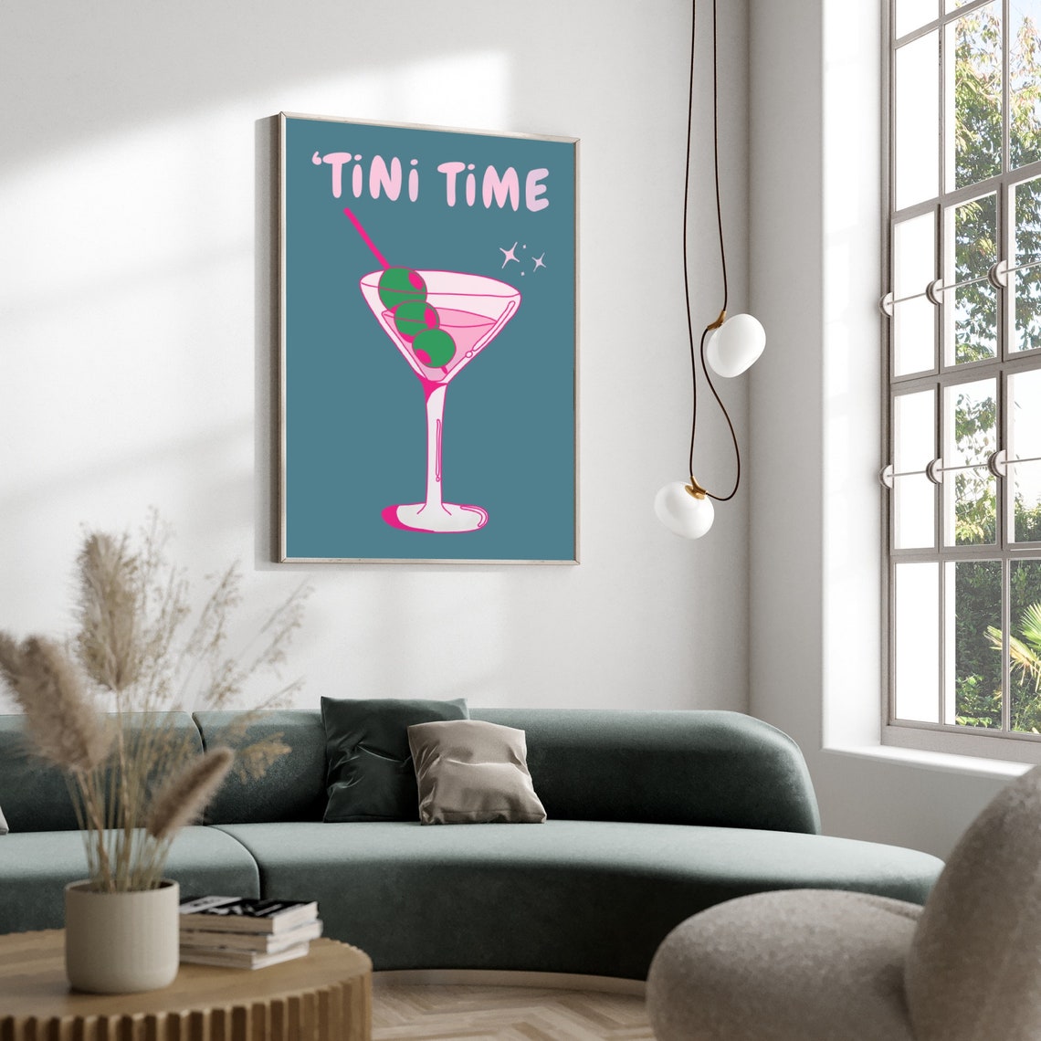 Tini Time Pink Martini Glass Teal Background Retro Cocktail Poster - Image 2