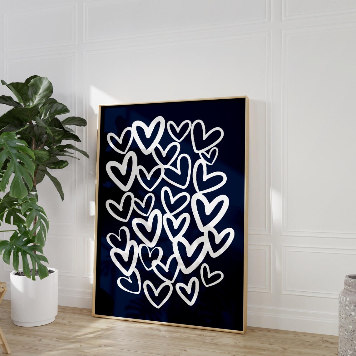 Hand Drawn White Hearts on Navy Blue Preppy Dorm Room Poster - Image 2