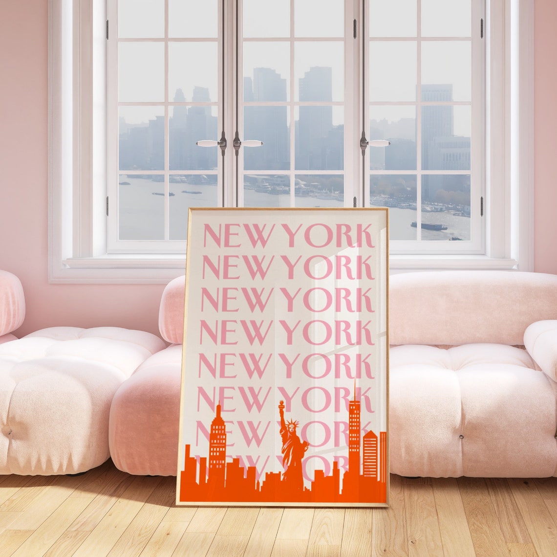New York Pink Repeat Serif Orange Skyline Statue of Liberty Poster - Image 2