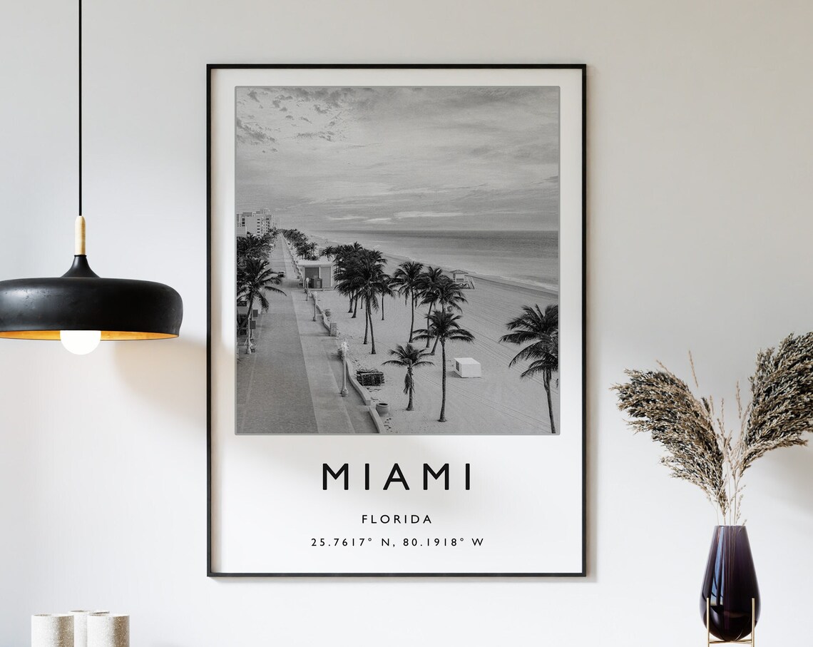 Miami Travel Poster, Minimalist Black and White Art Print