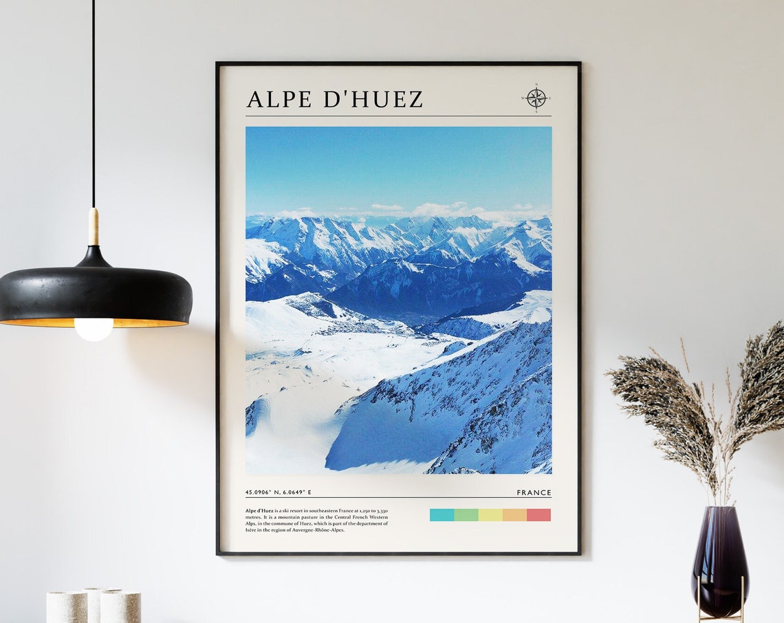 Alpe d'Huez France Ski Poster Snowy Peaks And Map Coordinates