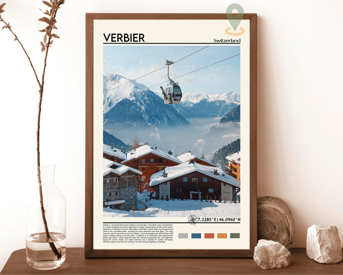 Verbier Switzerland Alpine Gondola Snowy Village Ski Resort Poster