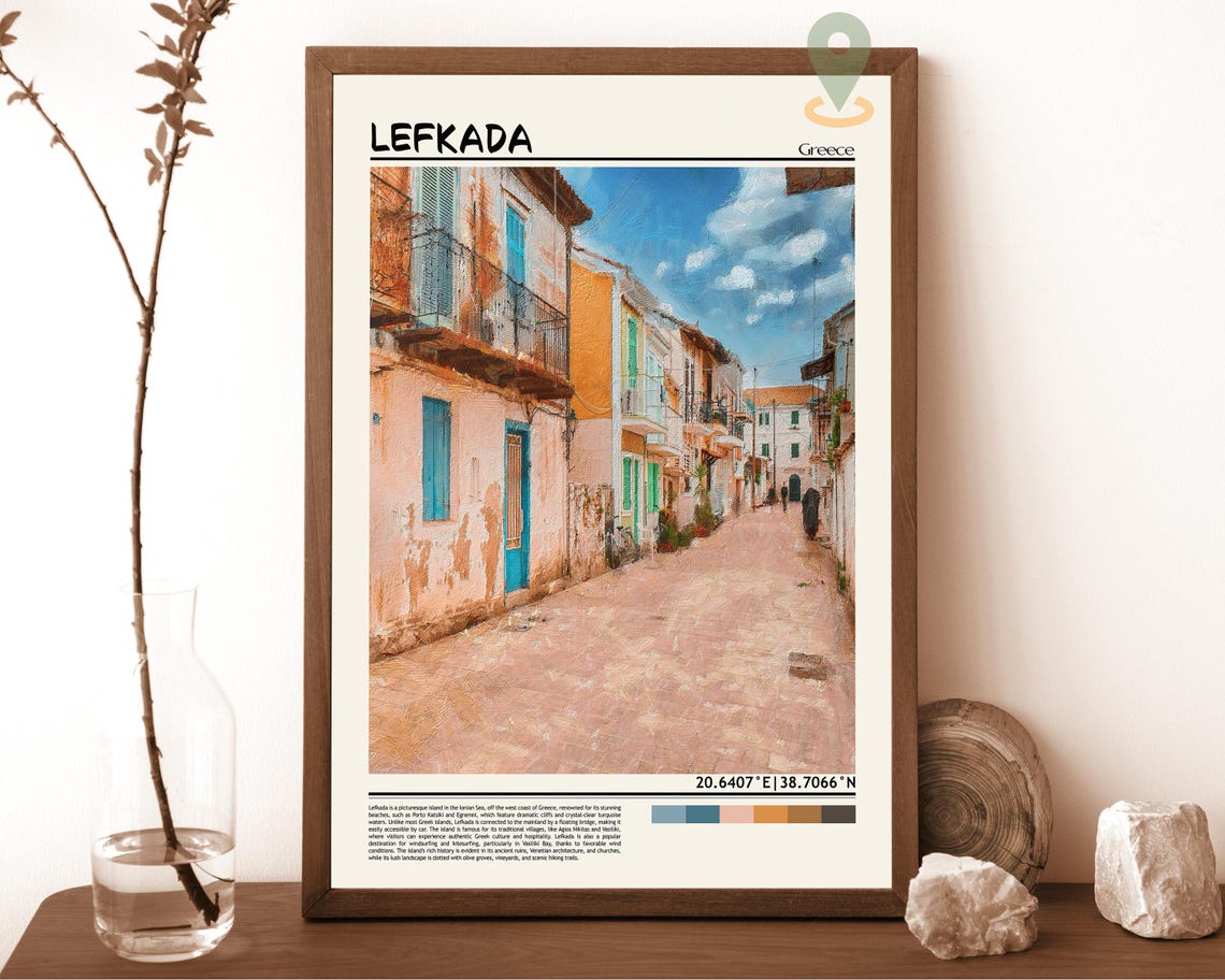 Lefkada Greece Old Town Street Painterly Summer Travel Poster